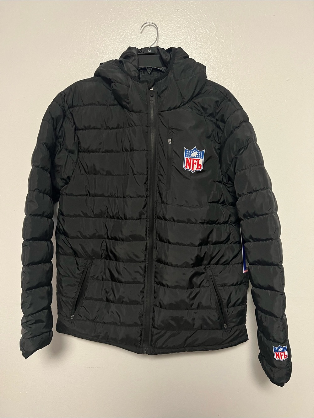 NFL Men's Black Quilted Packable Jacket with Hood zip Up Puffer Medium New